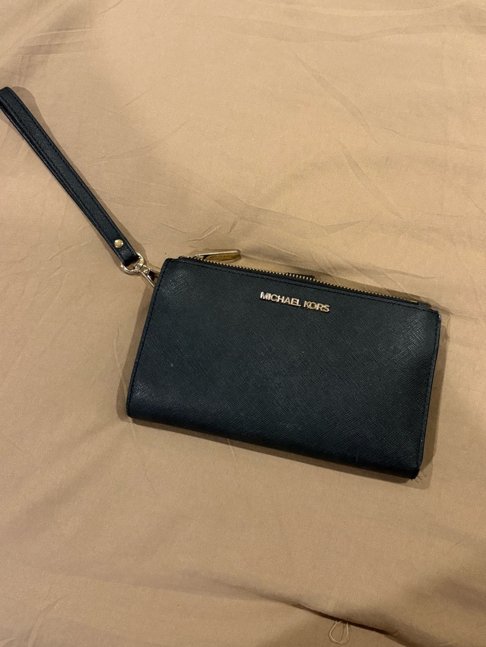 Michael Kors Black Leather Wristlet Wallet with Gold Hardware